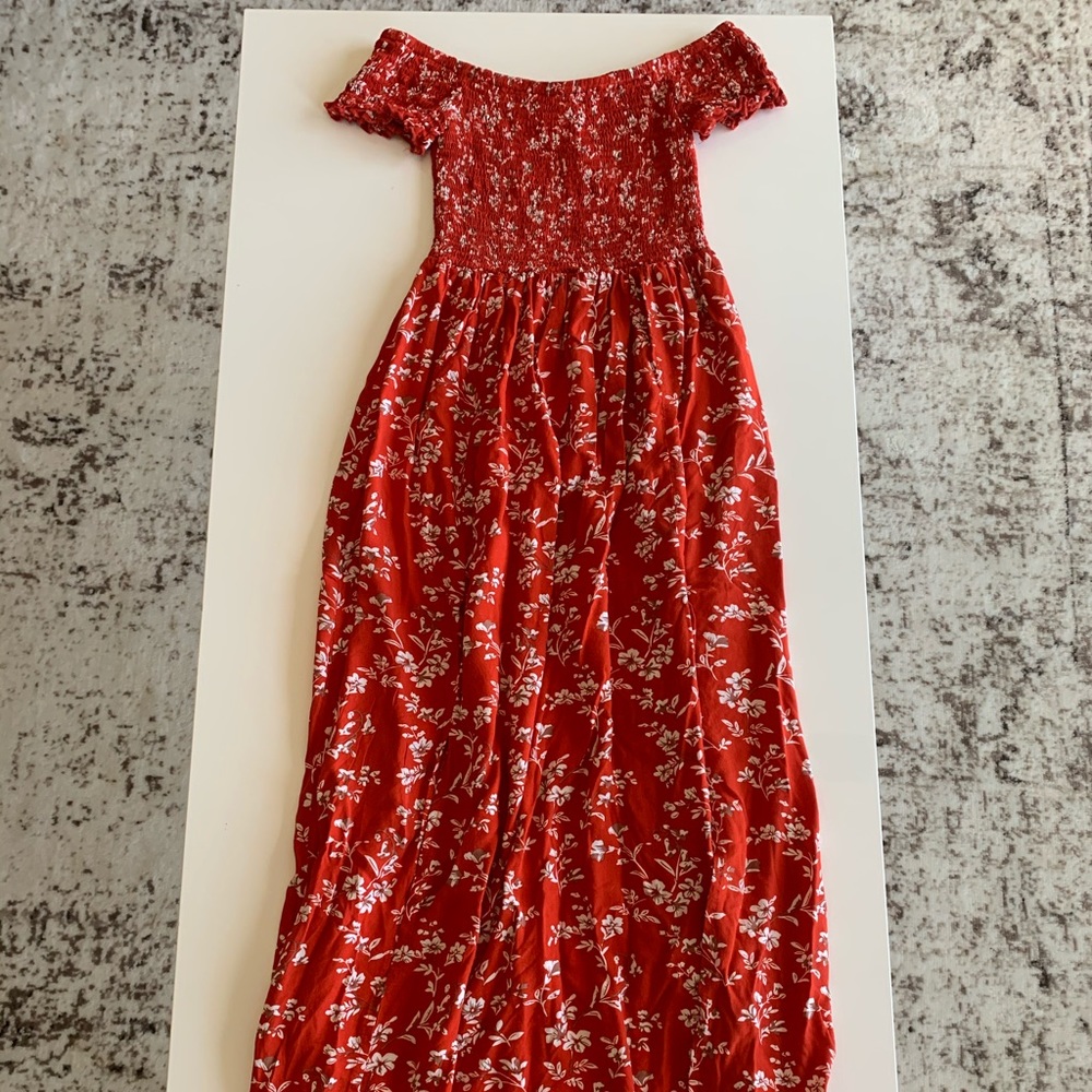 Red off the shoulder dress with slit